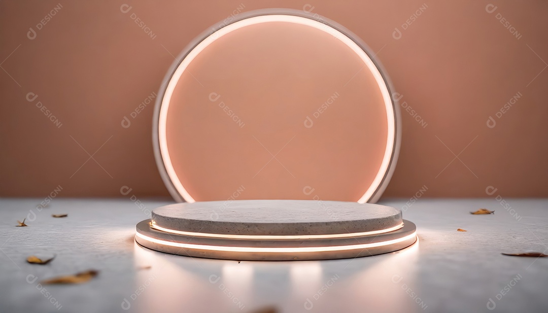 Conceito de dia dos namorados. Pódio de pedestal de cilindro rosa e 3D realista com lâmpada de néon brilhante. Uma cena mínima para a vitrine do palco dos produtos.