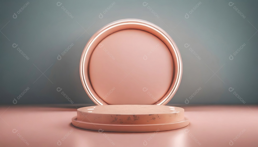 Conceito de dia dos namorados. Pódio de pedestal de cilindro rosa e 3D realista com lâmpada de néon brilhante. Uma cena mínima para a vitrine do palco dos produtos.