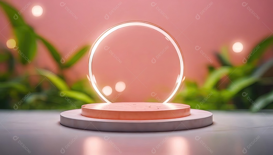 Conceito de dia dos namorados. Pódio de pedestal de cilindro rosa e 3D realista com lâmpada de néon brilhante. Uma cena mínima para a vitrine do palco dos produtos.