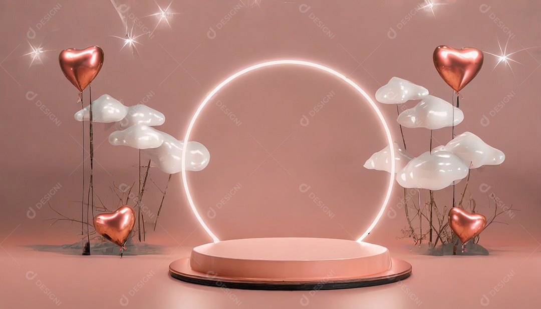 Conceito de dia dos namorados. Pódio de pedestal de cilindro rosa e 3D realista com lâmpada de néon brilhante. Uma cena mínima para a vitrine do palco dos produtos.