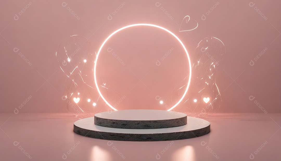 Conceito de dia dos namorados. Pódio de pedestal de cilindro rosa e 3D realista com lâmpada de néon brilhante. Uma cena mínima para a vitrine do palco dos produtos.