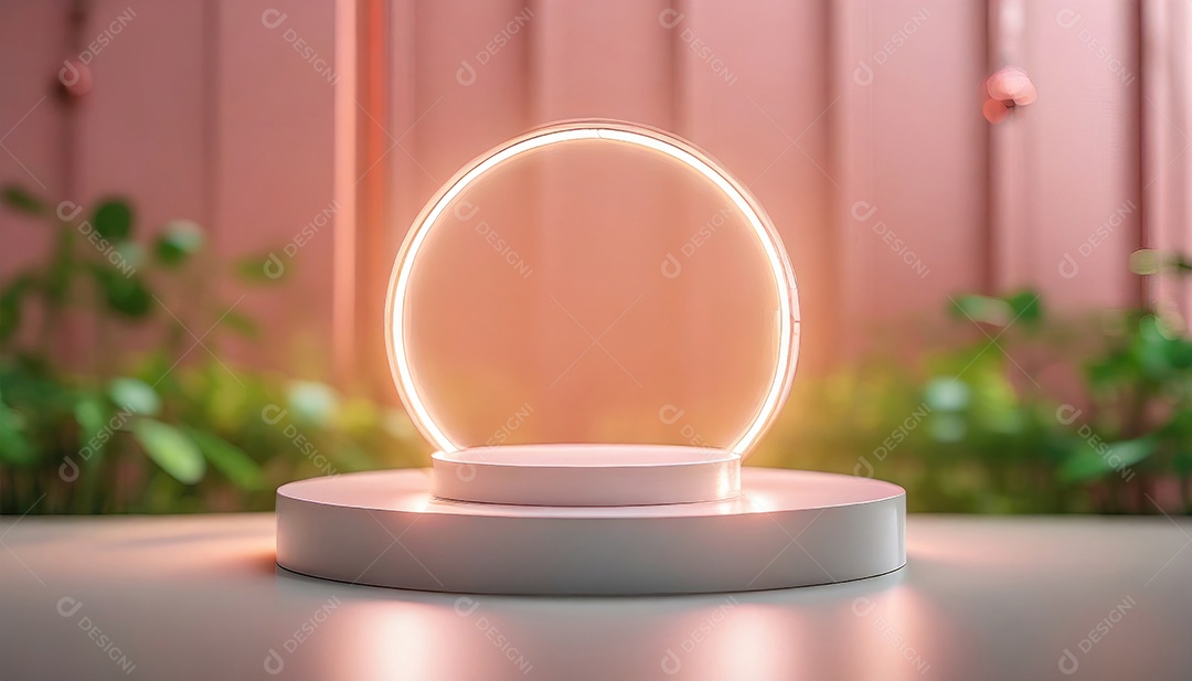 Conceito de dia dos namorados. Pódio de pedestal de cilindro rosa e 3D realista com lâmpada de néon brilhante. Uma cena mínima para a vitrine do palco dos produtos.