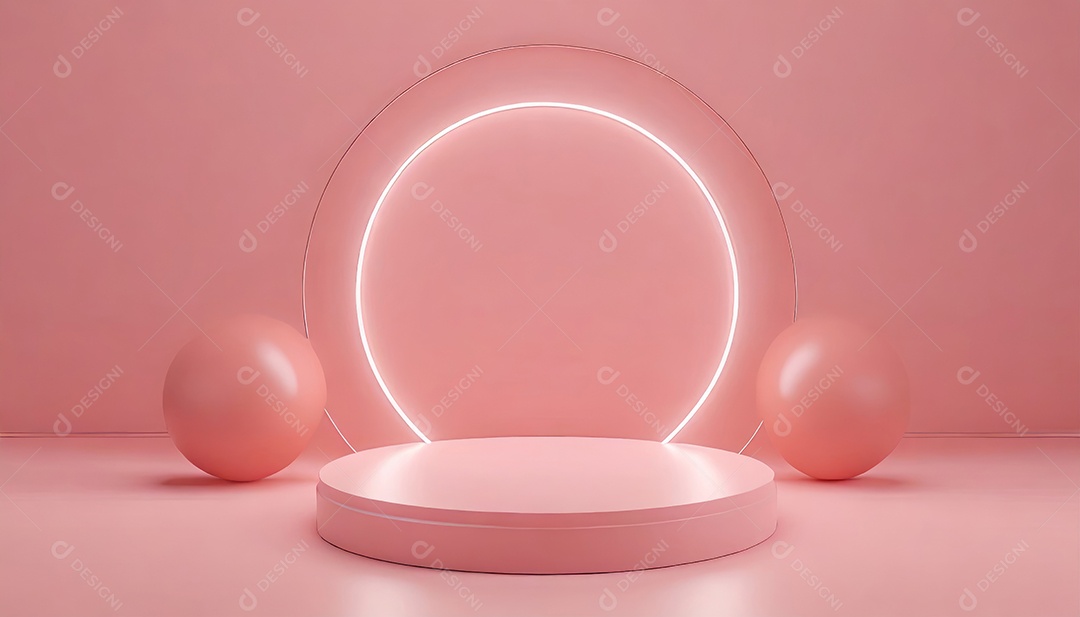Conceito de dia dos namorados. Pódio de pedestal de cilindro rosa e 3D realista com lâmpada de néon brilhante. Uma cena mínima para a vitrine do palco dos produtos.