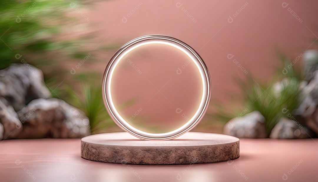 Conceito de dia dos namorados. Pódio de pedestal de cilindro rosa e 3D realista com lâmpada de néon brilhante. Uma cena mínima para a vitrine do palco dos produtos.