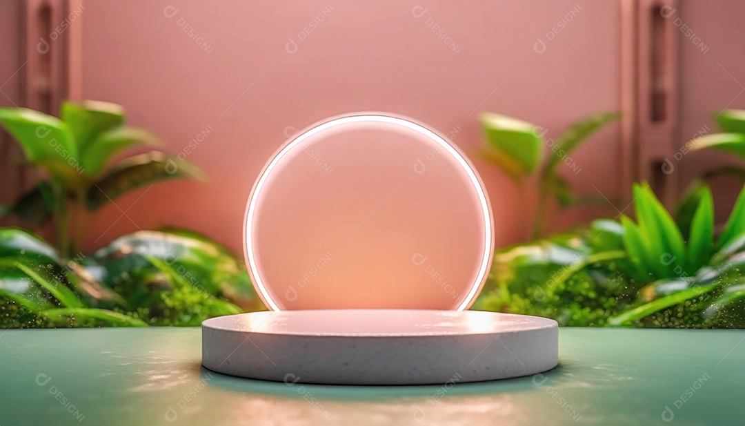 Conceito de dia dos namorados. Pódio de pedestal de cilindro rosa e 3D realista com lâmpada de néon brilhante. Uma cena mínima para a vitrine do palco dos produtos.