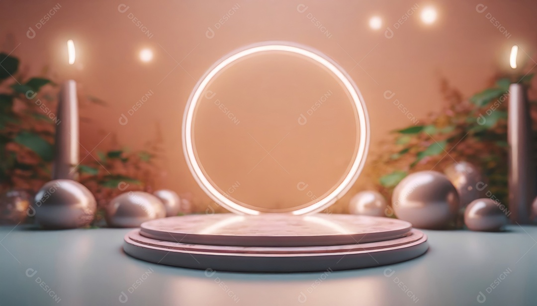 Conceito de dia dos namorados. Pódio de pedestal de cilindro rosa e 3D realista com lâmpada de néon brilhante. Uma cena mínima para a vitrine do palco dos produtos.