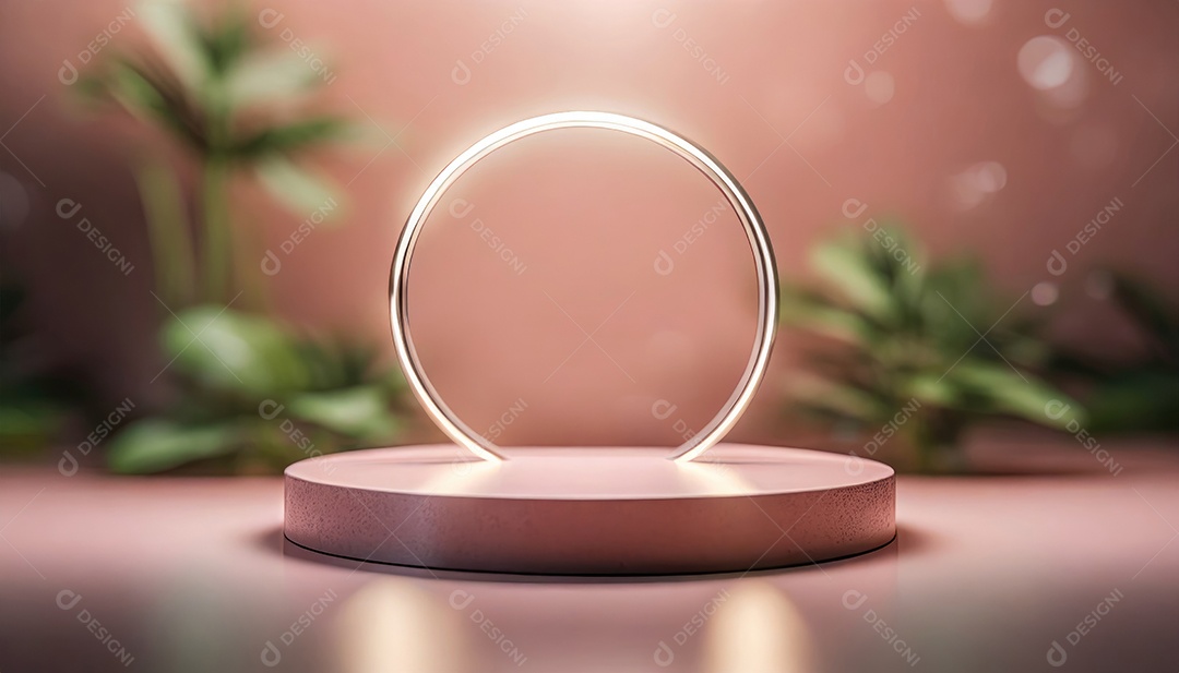 Conceito de dia dos namorados. Pódio de pedestal de cilindro rosa e 3D realista com lâmpada de néon brilhante. Uma cena mínima para a vitrine do palco dos produtos.