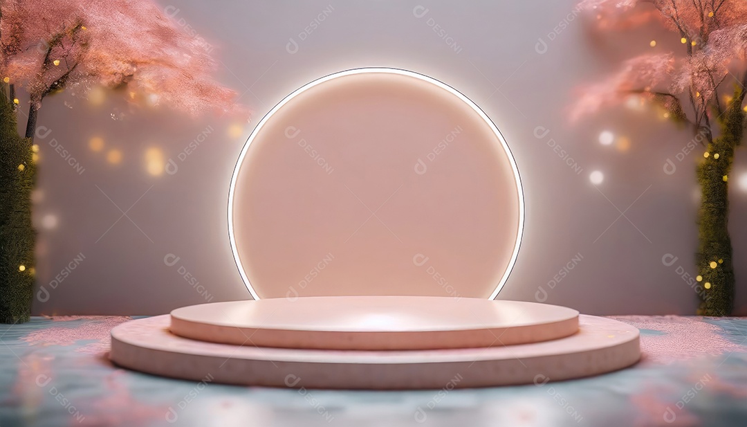 Conceito de dia dos namorados. Pódio de pedestal de cilindro rosa e 3D realista com lâmpada de néon brilhante. Uma cena mínima para a vitrine do palco dos produtos.