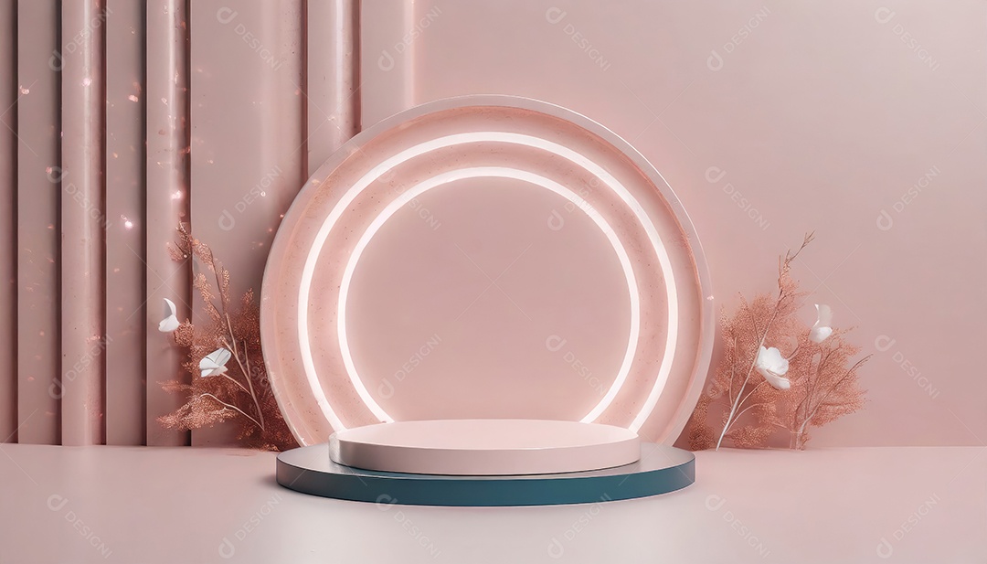 Conceito de dia dos namorados. Pódio de pedestal de cilindro rosa e 3D realista com lâmpada de néon brilhante. Uma cena mínima para a vitrine do palco dos produtos.