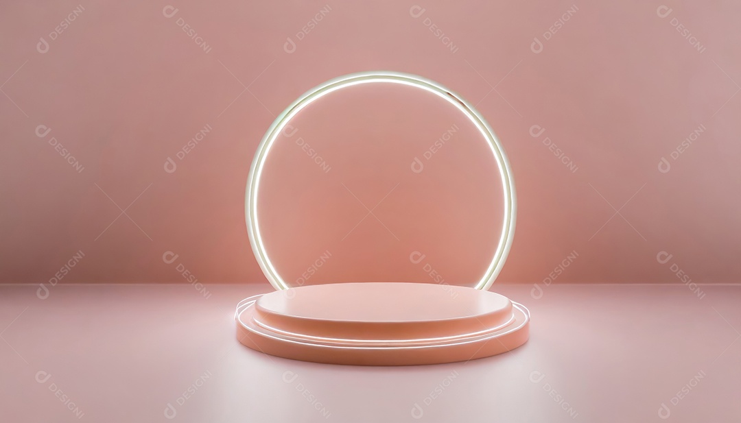 Conceito de dia dos namorados. Pódio de pedestal de cilindro rosa e 3D realista com lâmpada de néon brilhante. Uma cena mínima para a vitrine do palco dos produtos.