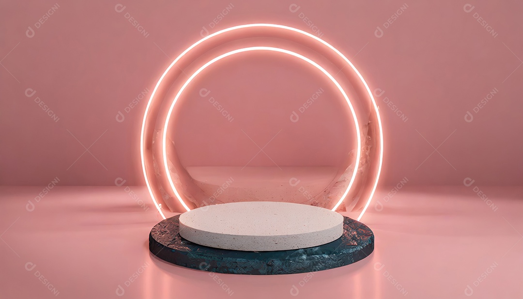 Conceito de dia dos namorados. Pódio de pedestal de cilindro rosa e 3D realista com lâmpada de néon brilhante. Uma cena mínima para a vitrine do palco dos produtos.