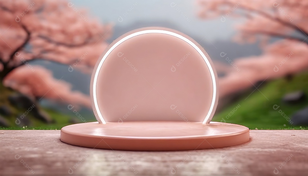 Conceito de dia dos namorados. Pódio de pedestal de cilindro rosa e 3D realista com lâmpada de néon brilhante. Uma cena mínima para a vitrine do palco dos produtos.