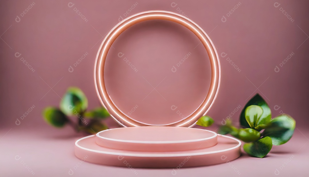 Conceito de dia dos namorados. Pódio de pedestal de cilindro rosa e 3D realista com lâmpada de néon brilhante. Uma cena mínima para a vitrine do palco dos produtos.