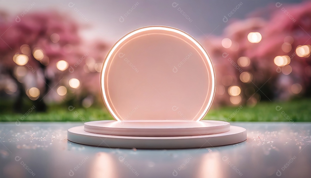 Conceito de dia dos namorados. Pódio de pedestal de cilindro rosa e 3D realista com lâmpada de néon brilhante. Uma cena mínima para a vitrine do palco dos produtos.