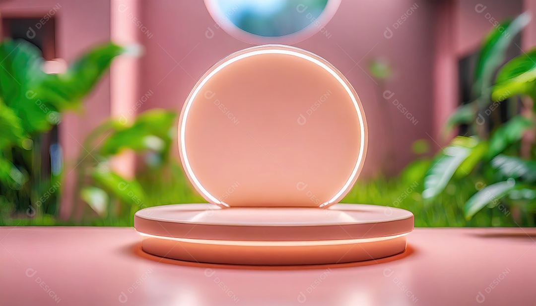 Conceito de dia dos namorados. Pódio de pedestal de cilindro rosa e 3D realista com lâmpada de néon brilhante. Uma cena mínima para a vitrine do palco dos produtos.