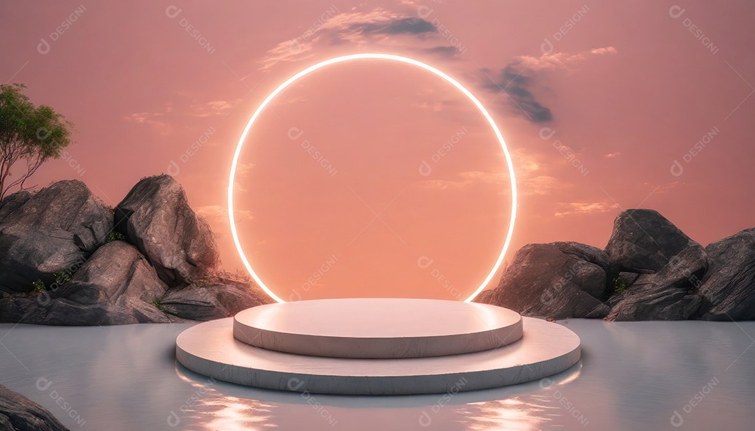 Conceito de dia dos namorados. Pódio de pedestal de cilindro rosa e 3D realista com lâmpada de néon brilhante. Uma cena mínima para a vitrine do palco dos produtos.