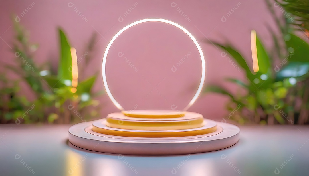 Conceito de dia dos namorados. Pódio de pedestal de cilindro rosa e 3D realista com lâmpada de néon brilhante. Uma cena mínima para a vitrine do palco dos produtos.