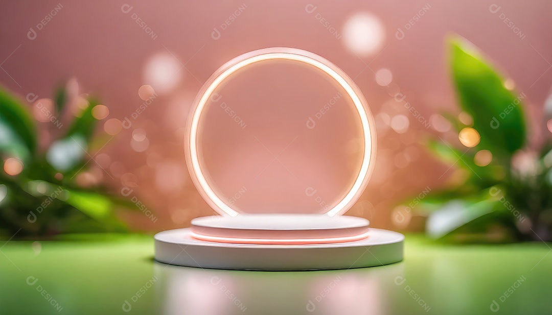 Conceito de dia dos namorados. Pódio de pedestal de cilindro rosa e 3D realista com lâmpada de néon brilhante. Uma cena mínima para a vitrine do palco dos produtos.