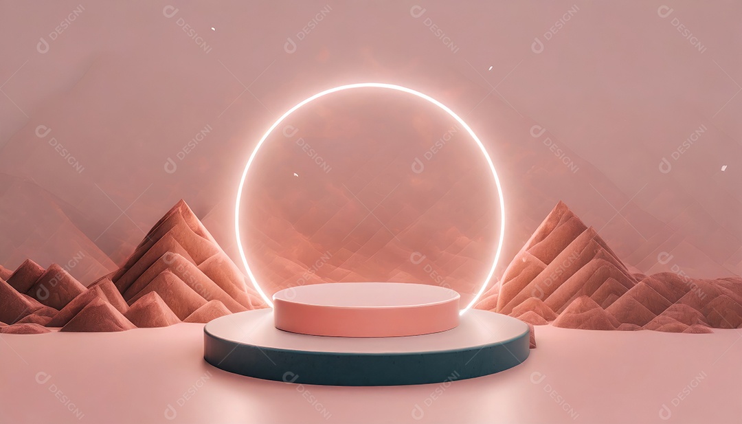 Conceito de dia dos namorados. Pódio de pedestal de cilindro rosa e 3D realista com lâmpada de néon brilhante. Uma cena mínima para a vitrine do palco dos produtos.