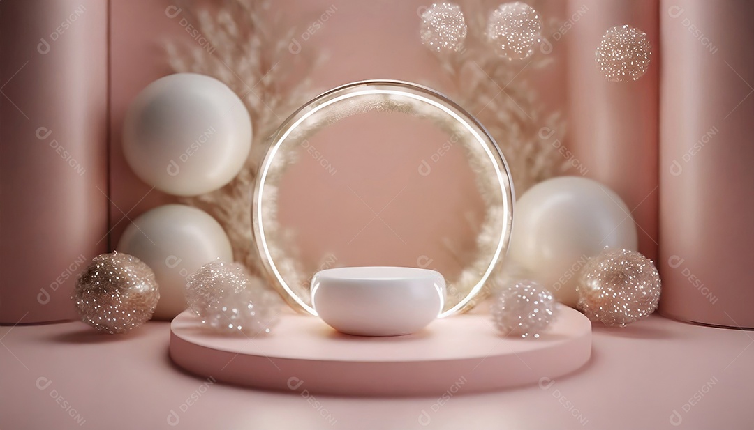 Conceito de dia dos namorados. Pódio de pedestal de cilindro rosa e 3D realista com lâmpada de néon brilhante. Uma cena mínima para a vitrine do palco dos produtos.