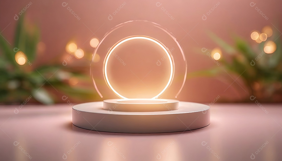 Conceito de dia dos namorados. Pódio de pedestal de cilindro rosa e 3D realista com lâmpada de néon brilhante. Uma cena mínima para a vitrine do palco dos produtos.