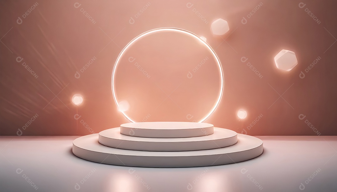 Conceito de dia dos namorados. Pódio de pedestal de cilindro rosa e 3D realista com lâmpada de néon brilhante. Uma cena mínima para a vitrine do palco dos produtos.