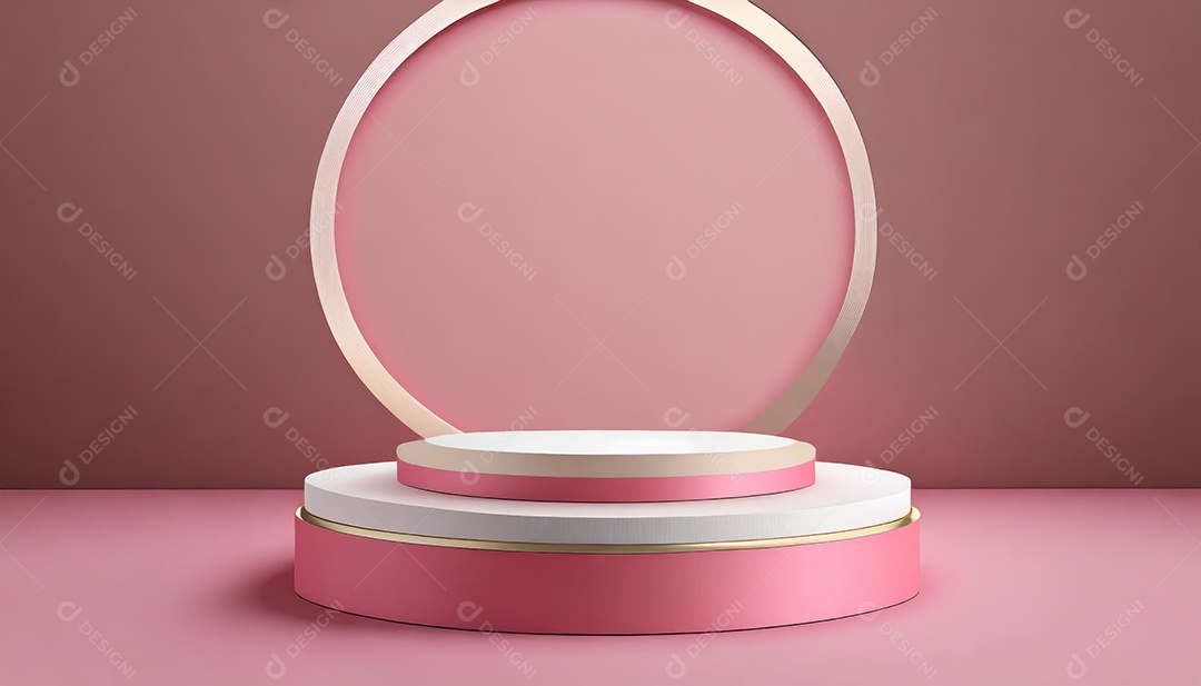 Conceito de dia dos namorados. Pódio de pedestal de cilindro rosa e 3D realista com lâmpada de néon brilhante. Uma cena mínima para a vitrine do palco dos produtos.