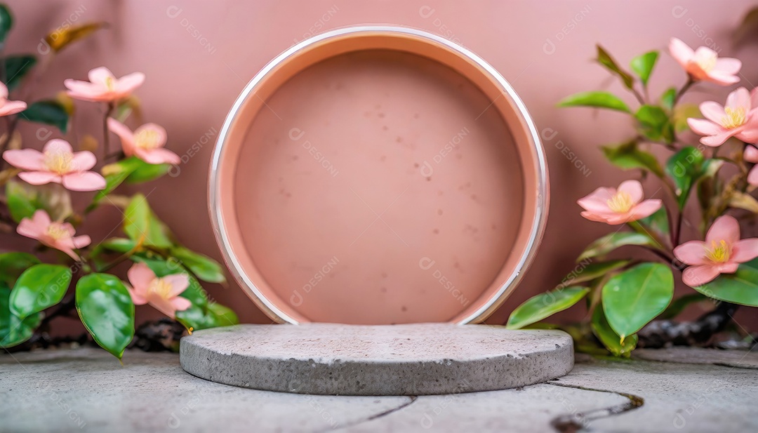 Conceito de dia dos namorados. Pódio de pedestal de cilindro rosa e 3D realista com lâmpada de néon brilhante. Uma cena mínima para a vitrine do palco dos produtos.