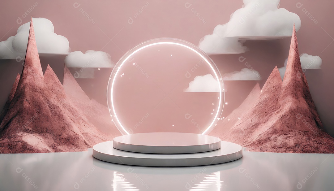 Conceito de dia dos namorados. Pódio de pedestal de cilindro rosa e 3D realista com lâmpada de néon brilhante. Uma cena mínima para a vitrine do palco dos produtos.