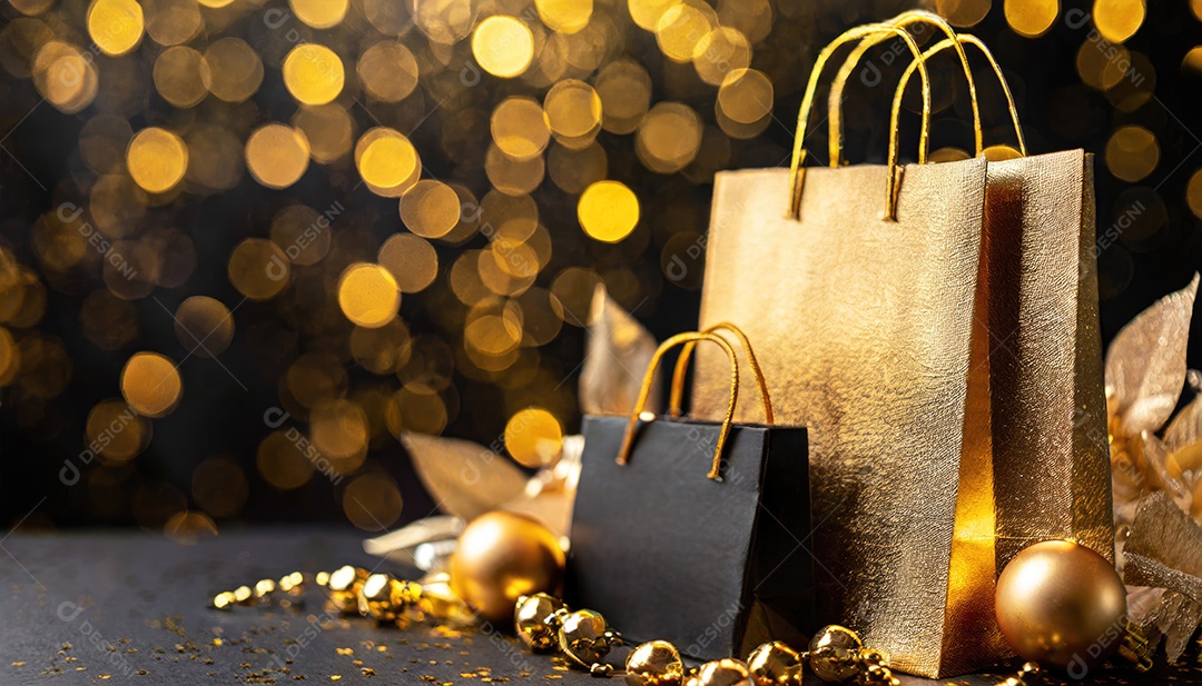 Conceito de Black Friday composição criativa em preto e dourado com sacolas de compras