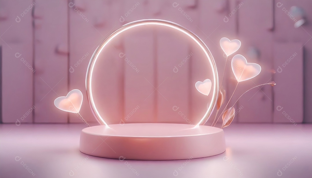 Conceito de dia dos namorados. Pódio de pedestal de cilindro rosa e 3D realista com lâmpada de néon brilhante. Uma cena mínima para a vitrine do palco dos produtos.