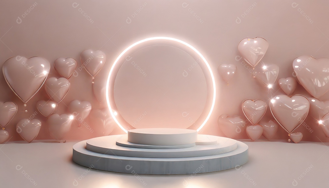 Conceito de dia dos namorados. Pódio de pedestal de cilindro rosa e 3D realista com lâmpada de néon brilhante. Uma cena mínima para a vitrine do palco dos produtos.