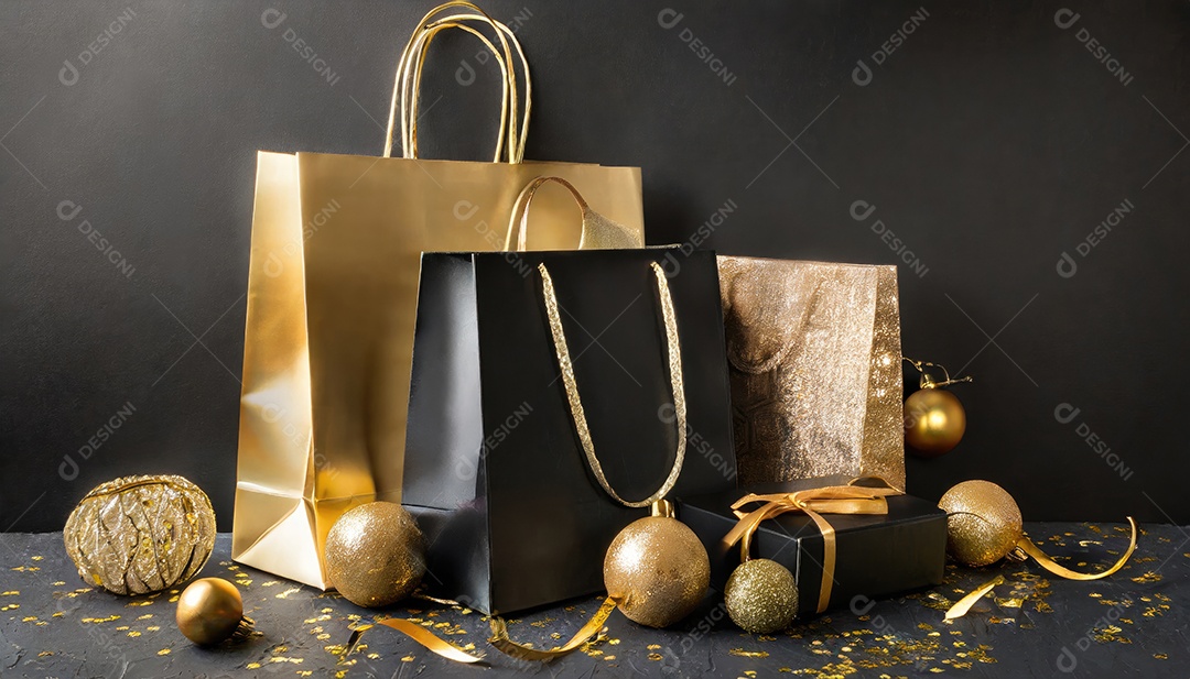 Conceito de Black Friday composição criativa em preto e dourado com sacolas de compras