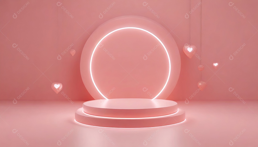 Conceito de dia dos namorados. Pódio de pedestal de cilindro rosa e 3D realista com lâmpada de néon brilhante. Uma cena mínima para a vitrine do palco dos produtos.