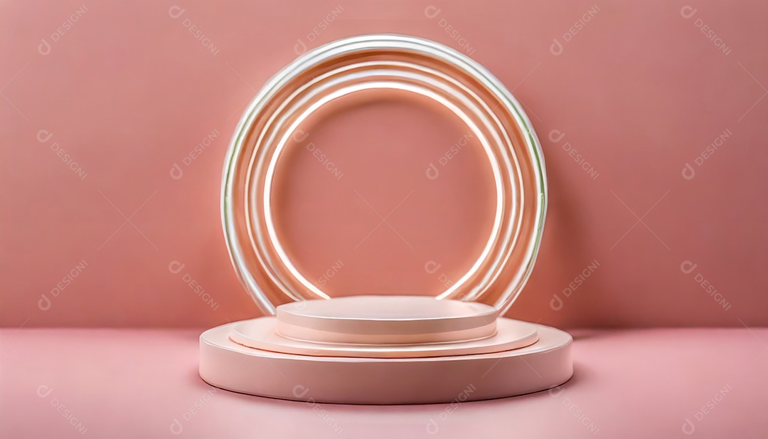 Conceito de dia dos namorados. Pódio de pedestal de cilindro rosa e 3D realista com lâmpada de néon brilhante. Uma cena mínima para a vitrine do palco dos produtos.