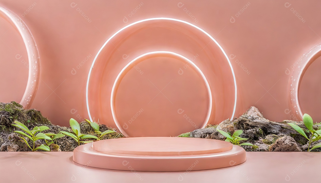 Conceito de dia dos namorados. Pódio de pedestal de cilindro rosa e 3D realista com lâmpada de néon brilhante. Uma cena mínima para a vitrine do palco dos produtos.