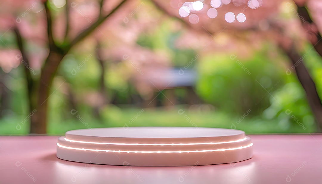 Conceito de dia dos namorados. Pódio de pedestal de cilindro rosa e 3D realista com lâmpada de néon brilhante. Uma cena mínima para a vitrine do palco dos produtos.