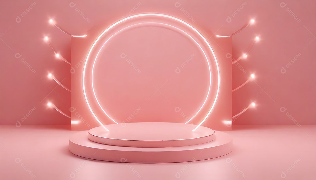 Conceito de dia dos namorados. Pódio de pedestal de cilindro rosa e 3D realista com lâmpada de néon brilhante. Uma cena mínima para a vitrine do palco dos produtos.