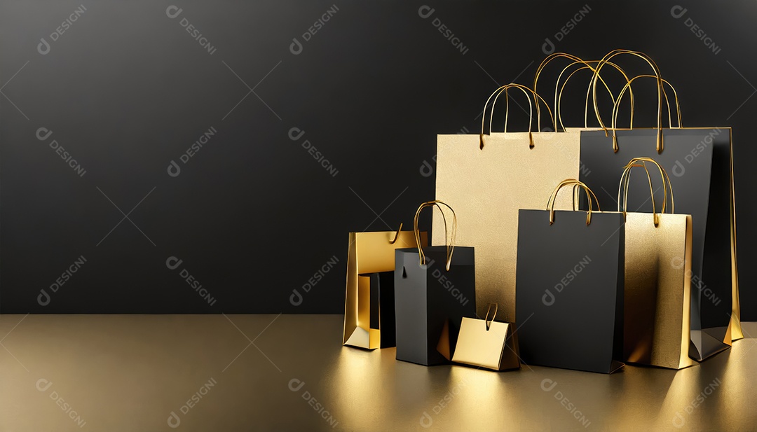 Conceito de Black Friday composição criativa em preto e dourado com sacolas de compras