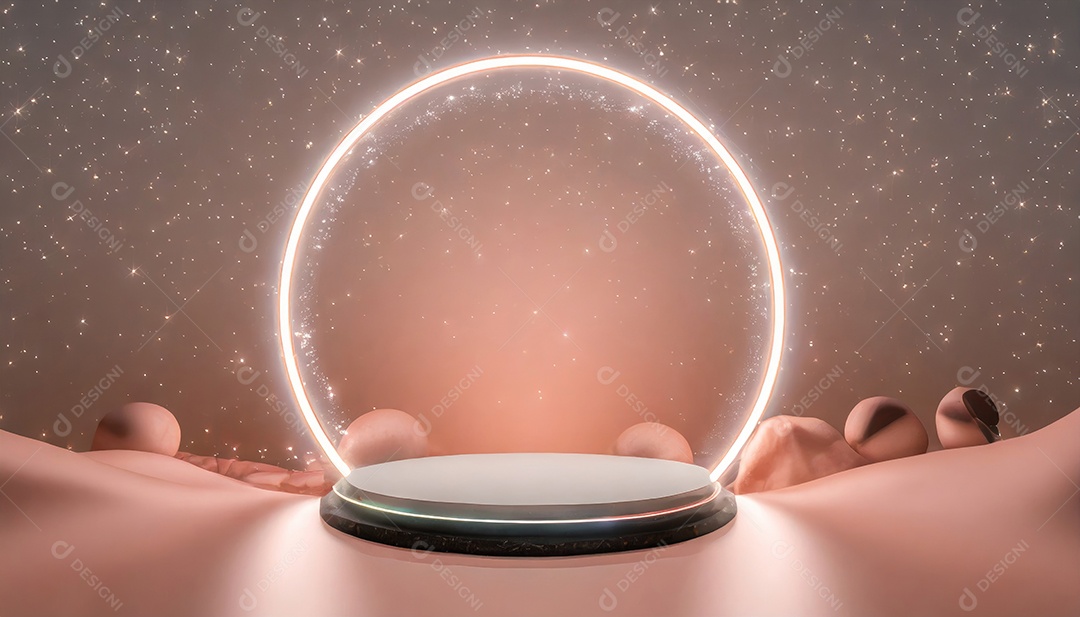 Conceito de dia dos namorados. Pódio de pedestal de cilindro rosa e 3D realista com lâmpada de néon brilhante. Uma cena mínima para a vitrine do palco dos produtos.