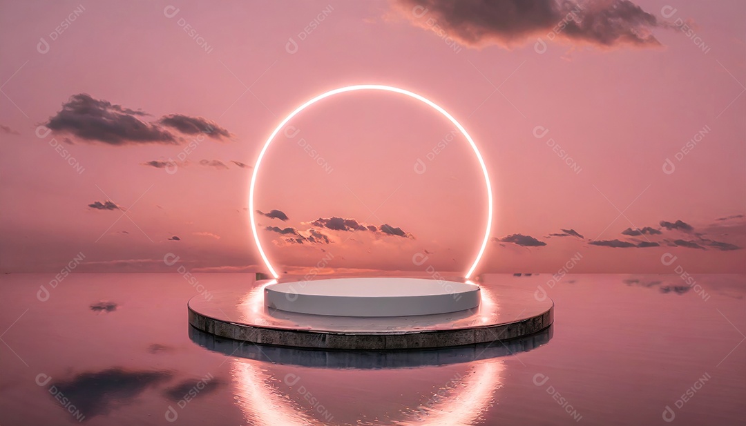 Conceito de dia dos namorados. Pódio de pedestal de cilindro rosa e 3D realista com lâmpada de néon brilhante. Uma cena mínima para a vitrine do palco dos produtos.