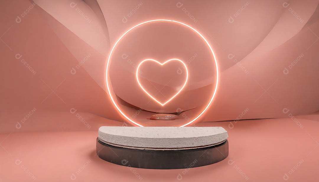 Conceito de dia dos namorados. Pódio de pedestal de cilindro rosa e 3D realista com lâmpada de néon brilhante. Uma cena mínima para a vitrine do palco dos produtos.