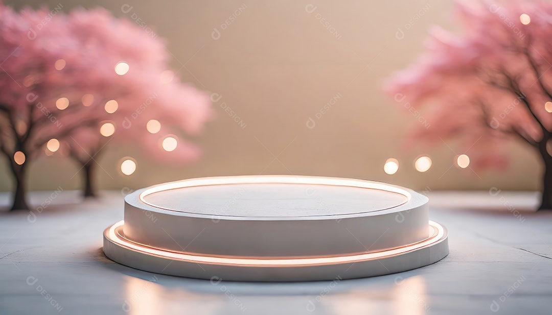 Conceito de dia dos namorados. Pódio de pedestal de cilindro rosa e 3D realista com lâmpada de néon brilhante. Uma cena mínima para a vitrine do palco dos produtos.