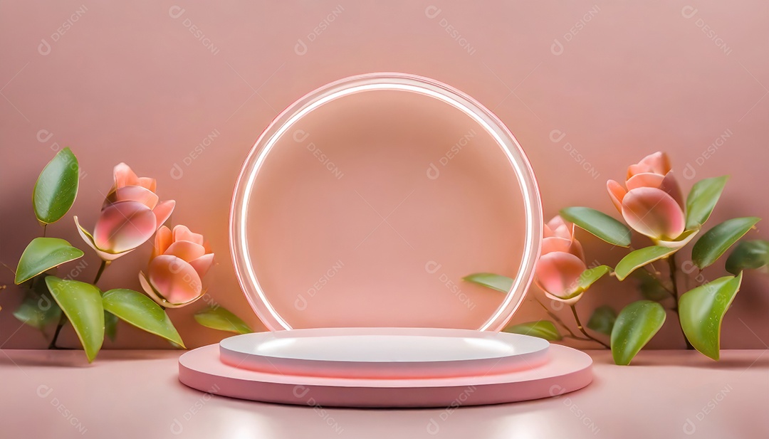 Conceito de dia dos namorados. Pódio de pedestal de cilindro rosa e 3D realista com lâmpada de néon brilhante. Uma cena mínima para a vitrine do palco dos produtos.