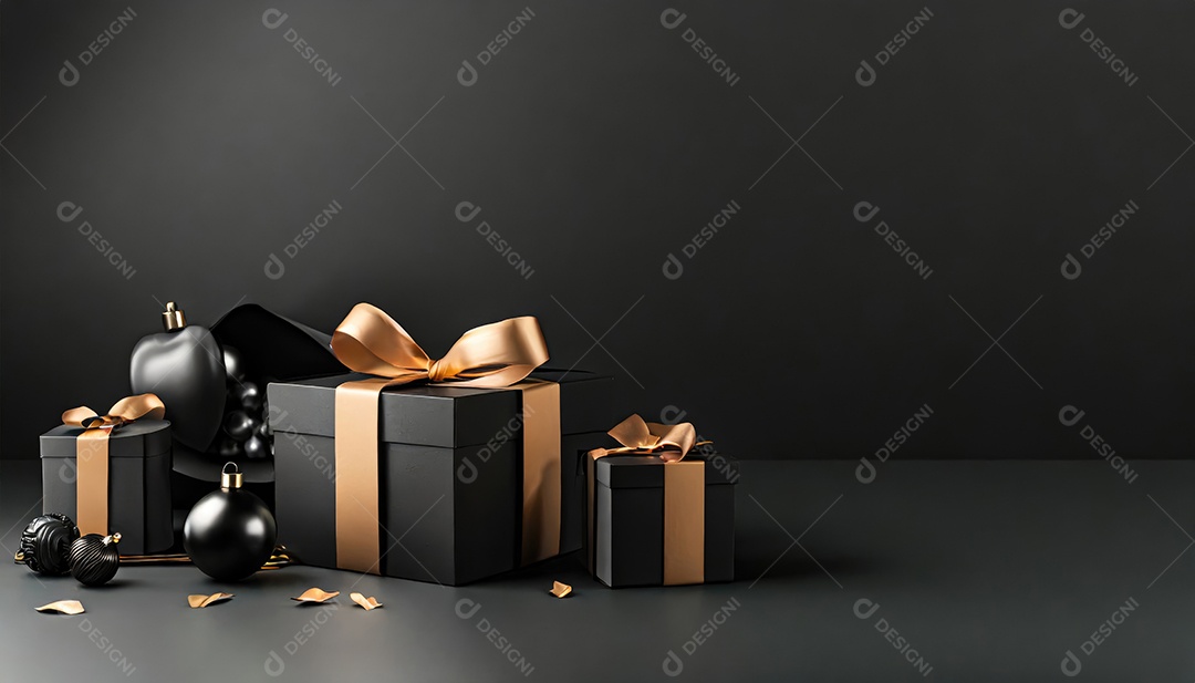 Conceito de Black Friday Caixas de presente pretas em fundo escuro