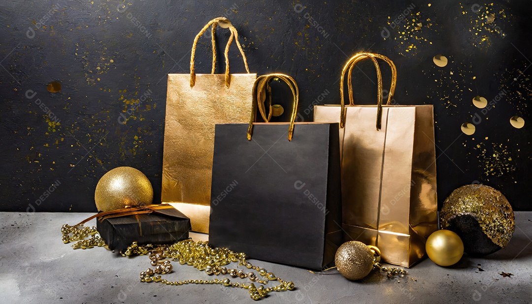 Conceito de Black Friday composição criativa em preto e dourado com sacolas de compras