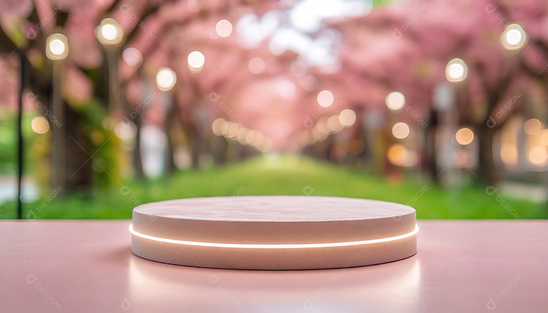 Conceito de dia dos namorados. Pódio de pedestal de cilindro rosa e 3D realista com lâmpada de néon brilhante. Uma cena mínima para a vitrine do palco dos produtos.