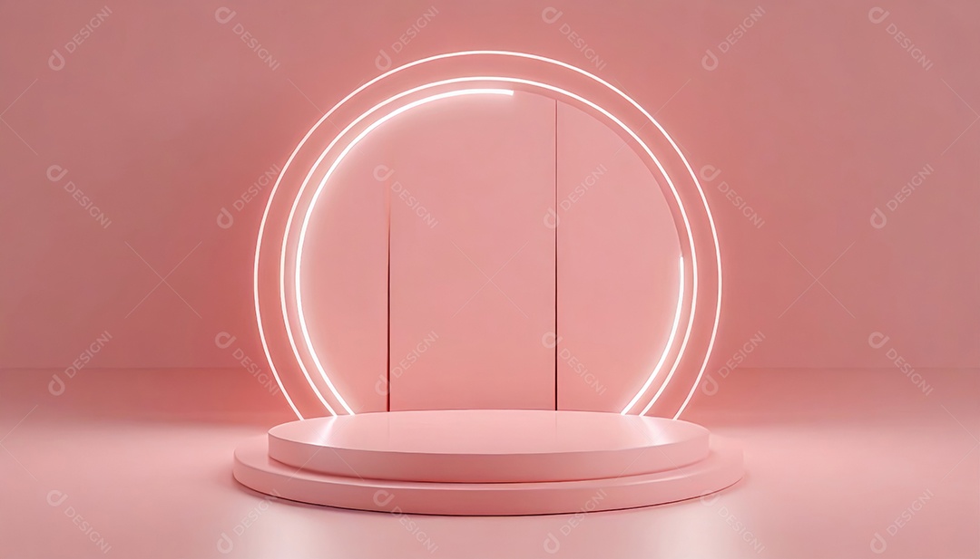 Conceito de dia dos namorados. Pódio de pedestal de cilindro rosa e 3D realista com lâmpada de néon brilhante. Uma cena mínima para a vitrine do palco dos produtos.