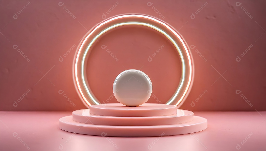 Conceito de dia dos namorados. Pódio de pedestal de cilindro rosa e 3D realista com lâmpada de néon brilhante. Uma cena mínima para a vitrine do palco dos produtos.