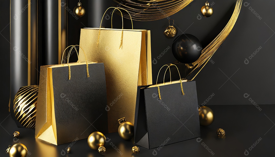 Conceito de Black Friday composição criativa em preto e dourado com sacolas de compras